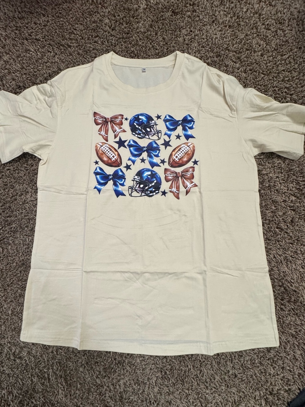 Womens Cream Graphic Football Tee with Blue Accents
